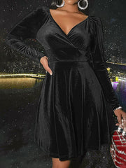 Inrosy robe courte velours v-cou manches longues femme casual élégant mode de cocktail noël