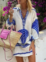 Inrosy robe courte v-cou col chemise manches longues femme casual mode lâche décontracté vintage plage blouse robe