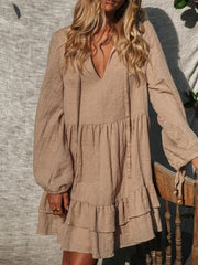 Inrosy mini robe boho à volantée v-cou manches longues femme casual lâche ample oversized décontracté de plage