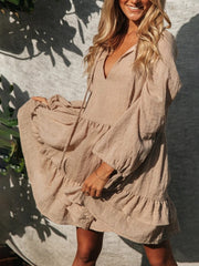 Inrosy mini robe boho à volantée v-cou manches longues femme casual lâche ample oversized décontracté de plage