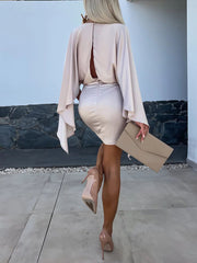 Inrosy mini robe col rond manches chauve souris manches longues femme élégant décontracté de cocktail