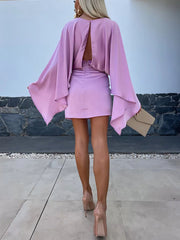 Inrosy mini robe col rond manches chauve souris manches longues femme élégant décontracté de cocktail