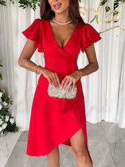 Inrosy robe courte v-cou irrégulière manches courtes volants superposés femme élégant mode invité mariage