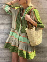 Inrosy robe courte imprimé à fleurie coton lin à volantée boutonnage manches longues femme bohème décontracté lâche de plage