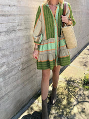 Inrosy robe courte imprimé à fleurie coton lin à volantée boutonnage manches longues femme bohème décontracté lâche de plage