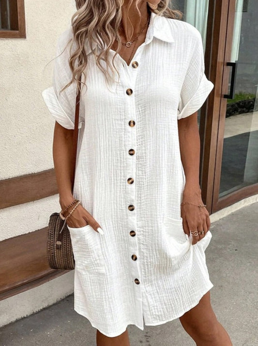 Inrosy blouse robe courte boutonnage col chemise manches courtes femme bohème décontracté ample oversized