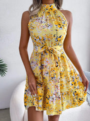 Inrosy robe courte imprimé à fleurie à volantée noeud papillon ceinture licou sans manches femme décontracté de cocktail