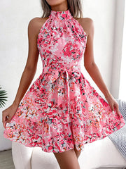 Inrosy robe courte imprimé à fleurie à volantée noeud papillon ceinture licou sans manches femme décontracté de cocktail