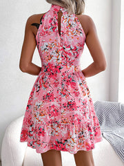 Inrosy robe courte imprimé à fleurie à volantée noeud papillon ceinture licou sans manches femme décontracté de cocktail