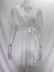 Inrosy robe courte mousseline v-cou à volantée ceinture volants superposés manches courtes femme mignon décontracté casual de plage