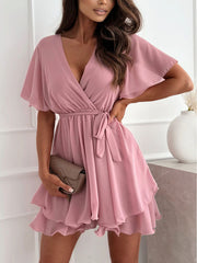 Inrosy robe courte mousseline v-cou à volantée ceinture volants superposés manches courtes femme mignon décontracté casual de plage