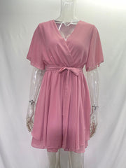 Inrosy robe courte mousseline v-cou à volantée ceinture volants superposés manches courtes femme mignon décontracté casual de plage