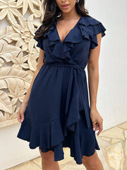 Inrosy robe courte v-couà volantée ceinture femme élégant mignon décontracté doux de plage