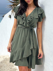 Inrosy robe courte v-couà volantée ceinture femme élégant mignon décontracté doux de plage