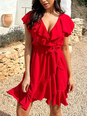 Inrosy robe courte v-couà volantée ceinture femme élégant mignon décontracté doux de plage