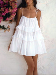 Inrosy robe de poupée courte coton à volantée dos nu à fines brides sans manches femme bohème décontracté de plage