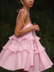 Inrosy robe de poupée courte coton à volantée dos nu à fines brides sans manches femme bohème décontracté de plage