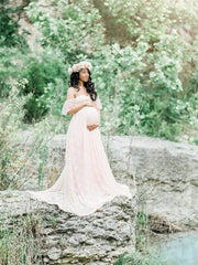 Inrosy robe de grossesse shooting photo dentelle à volantée col bateau manches courtes femme élégant bohème enceinte