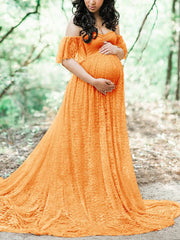 Inrosy robe de grossesse shooting photo dentelle à volantée col bateau manches courtes femme élégant bohème enceinte