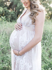 Inrosy robe de grossesse dentelle tulle brodée décolleté plongeant dos nu licou sans manches femme enceinte invité mariage