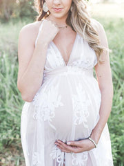 Inrosy robe de grossesse dentelle tulle brodée décolleté plongeant dos nu licou sans manches femme enceinte invité mariage