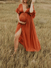 Inrosy robe de grossesse fluide boutonnage v-cou volants superposés manches courtes femme élégant photo shooting