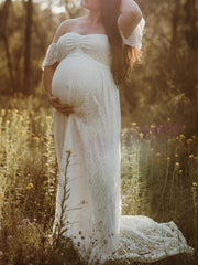 Inrosy longue robe de grossesse dentelle à volantée manches courtes femme élégant mode enceinte photo shooting