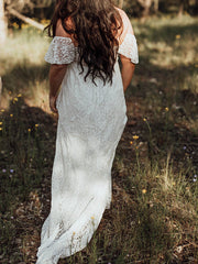 Inrosy longue robe de grossesse dentelle à volantée manches courtes femme élégant mode enceinte photo shooting