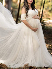 Inrosy robe de grossesse dentelle mousseline à volantée bustier col bateau femme décontracté cérémonie enceinte photo shooting