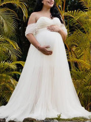 Inrosy robe de grossesse dentelle mousseline à volantée bustier col bateau femme décontracté cérémonie enceinte photo shooting