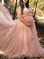 Inrosy robe de grossesse dentelle mousseline à volantée bustier col bateau femme décontracté cérémonie enceinte photo shooting