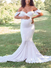 Inrosy robe de grossesse fendu à volantée sirene dos nu col bateau manches courtes femme élégant soirée de promo enceinte shooting