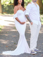 Inrosy robe de grossesse fendu à volantée sirene dos nu col bateau manches courtes femme élégant soirée de promo enceinte shooting