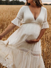 Inrosy robe de grossesse dentelle plissé pompons v-cou manches courtes femme bohème mode bapteme enceinte photo shooting