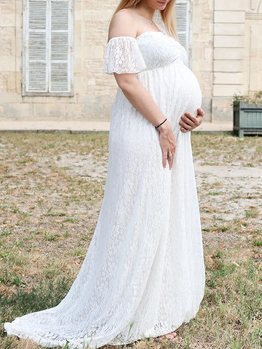 Inrosy robe de grossesse dentelle à volantée col bateau manches courtes femme élégant bohème photo shooting enceinte