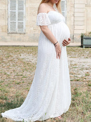 Inrosy robe de grossesse dentelle à volantée col bateau manches courtes femme élégant bohème photo shooting enceinte