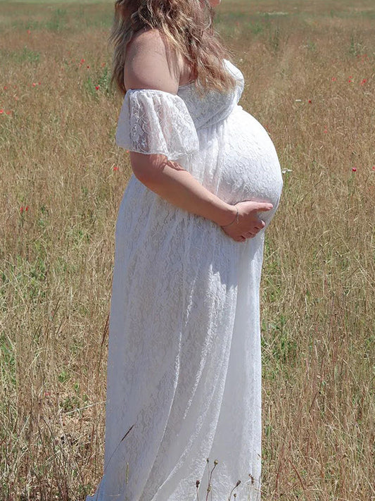 Inrosy robe de grossesse dentelle à volantée col bateau manches courtes femme élégant bohème photo shooting enceinte