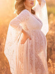 Inrosy robe de grossesse dentelle fendu le côté v-cou manches trompette manches longues femme élégant bohème bapteme enceinte