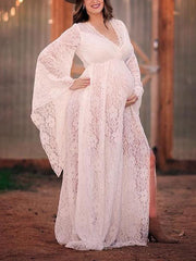 Inrosy robe de grossesse dentelle fendu le côté v-cou manches trompette manches longues femme élégant bohème bapteme enceinte