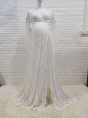 Inrosy robe de grossesse dentelle fendu le côté v-cou manches trompette manches longues femme élégant bohème bapteme enceinte