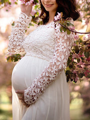 Inrosy robe de grossesse découpes dentelle mousseline col rond manches longues femme élégant soirée bal de promo enceinte