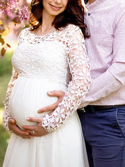 Inrosy robe de grossesse découpes dentelle mousseline col rond manches longues femme élégant soirée bal de promo enceinte