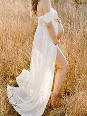 Inrosy robe de grossesse mousseline fendu le côté fluide bustier col bateau femme élégant bapteme shooting enceinte