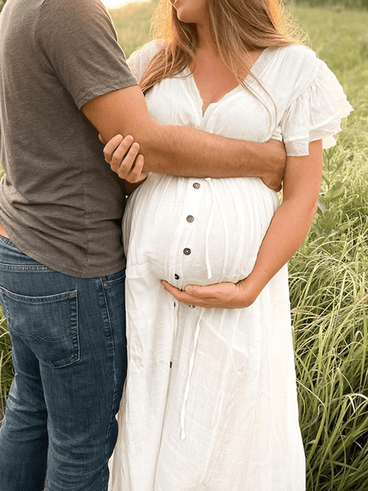 Inrosy robe de grossesse fendu fluide nœud décolleté dos v-cou manches courtes femme élégant bohème décontracté enceinte shooting