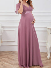 Inrosy robe de grossesse mousseline ceinture décolleté dos v-cou manches courtes femme élégant de soirée pour mariage