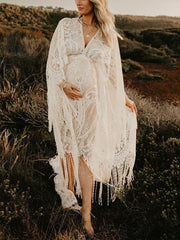 Inrosy robe de grossesse v-cou dentelle frange brodée manches longues femme élégant boho lâche décontracté photo shooting