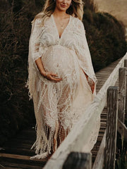 Inrosy robe de grossesse v-cou dentelle frange brodée manches longues femme élégant boho lâche décontracté photo shooting