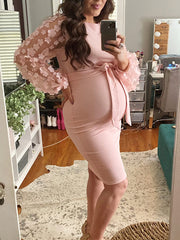 Inrosy robe de grossesse moulante fleurie ceinture col rond manches bishop manches longues femme doux élégant bapteme enceinte