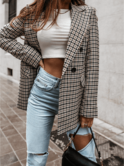 Inrosy mi-longue manteau blazer carreaux double boutonnage poches col revers manches longues femme mode veste automne
