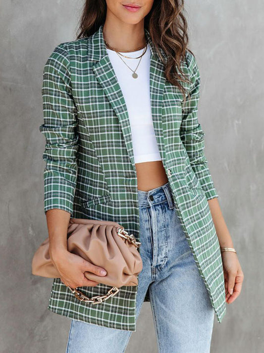 Inrosy mi-longue blazer de bureau carreaux boutonnage poches manches longues femme élégant mode veste automne